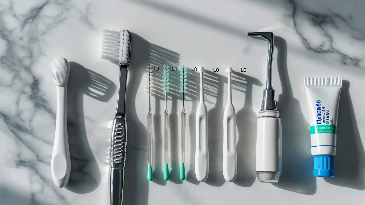 Sada nástrojů pro hygienu při nošení aparátu: ortodontický kartáček, mezizubní kartáčky a irigátor.