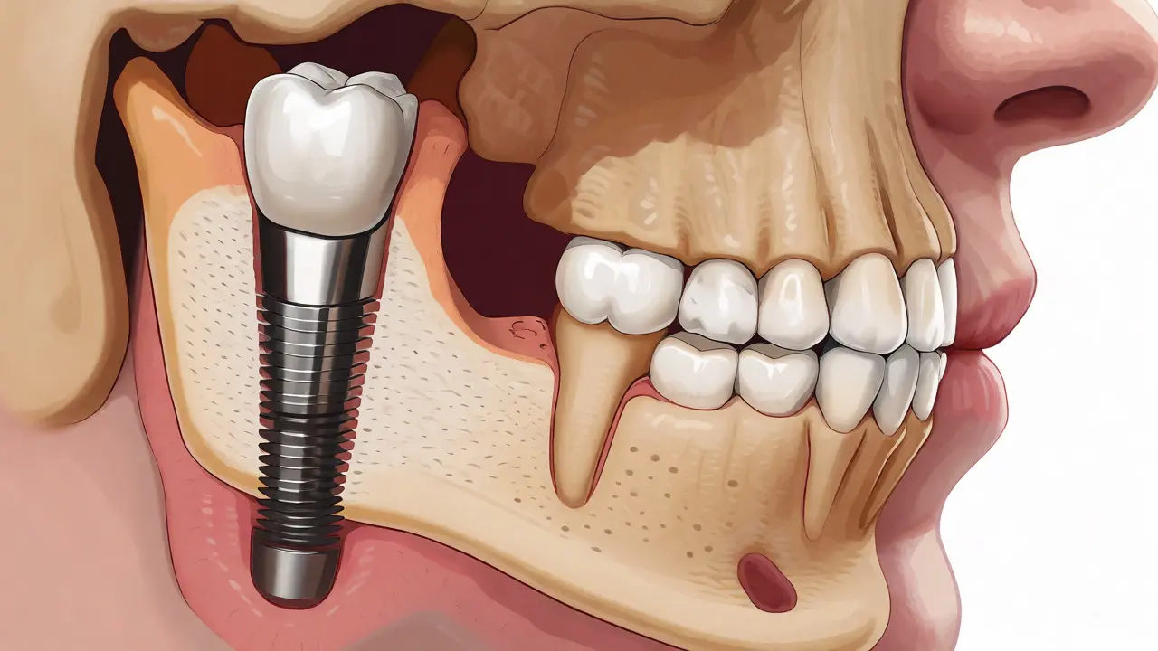 Schéma zachování kostní hmoty díky osseointegraci implantátu