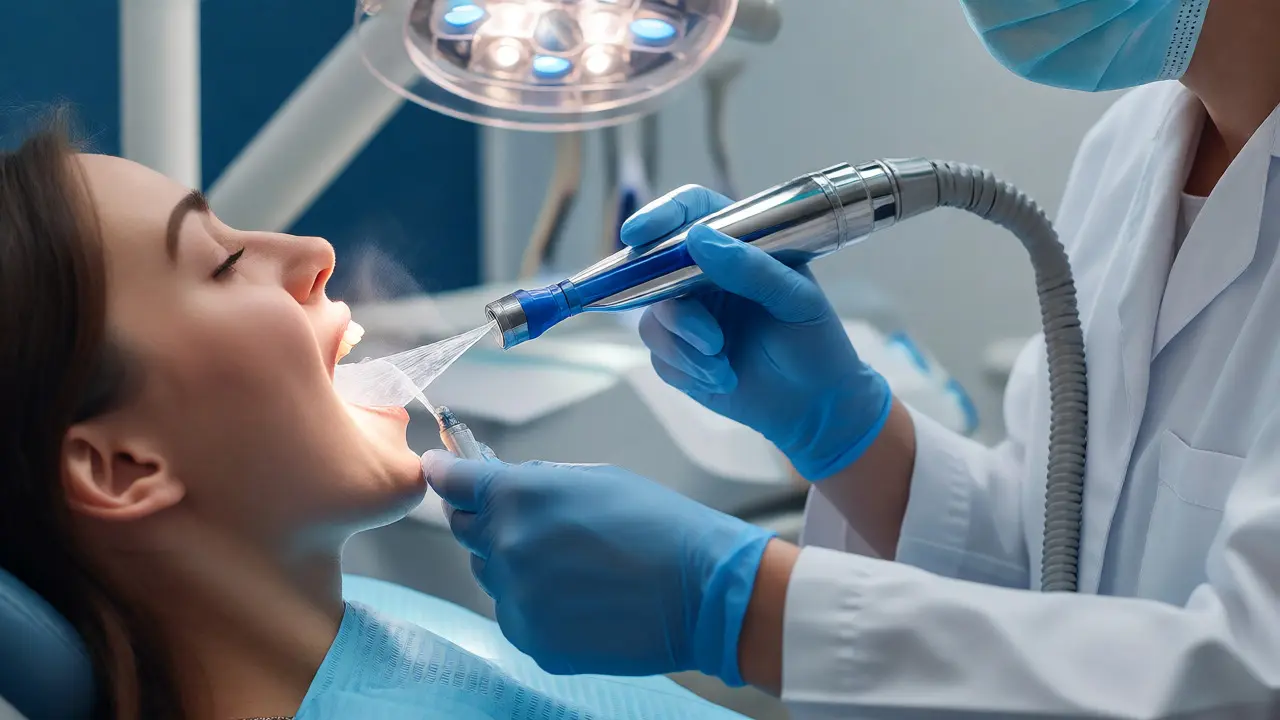 Zubař provádí dentální hygienu metodou Air Flow na pacientovi