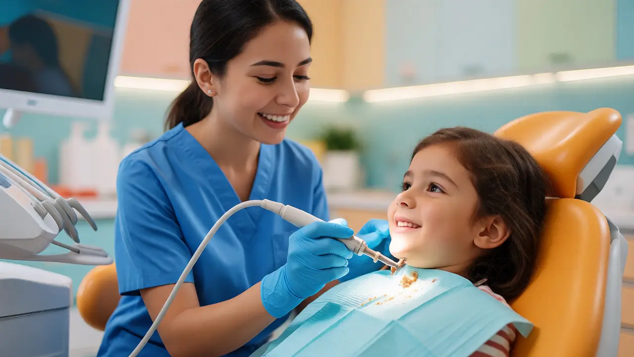 Zubař provádí šetrnou dentální hygienu u usměvavého dítěte v ordinaci