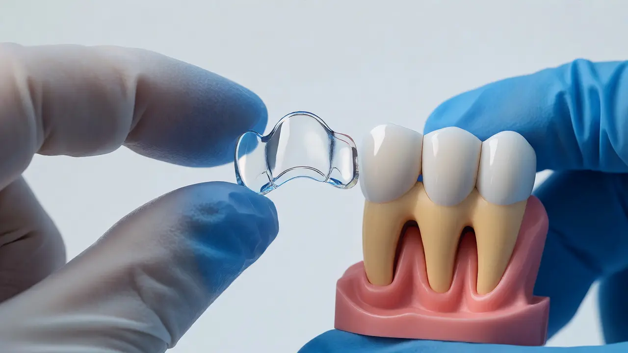 Zubní lékař drží tenkou zirkonovou facetu pro minimálně invazivní ošetření