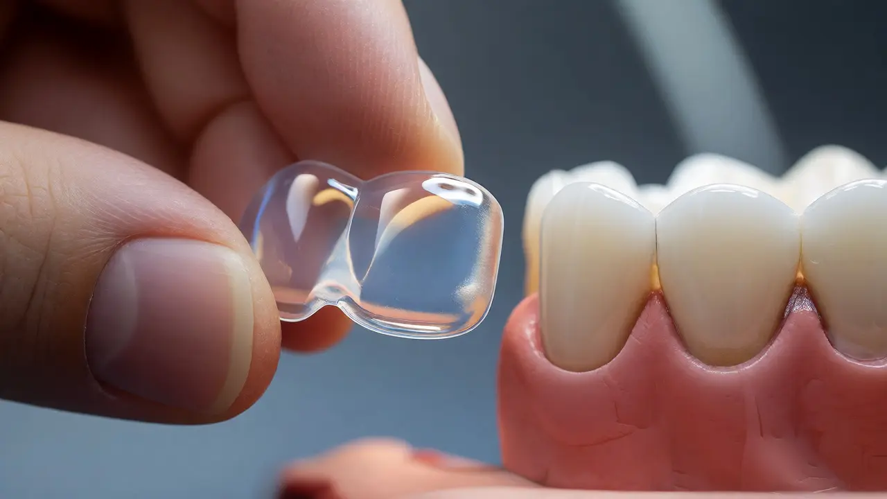 Zubní technik přikládá průsvitnou keramickou fazetu na zub